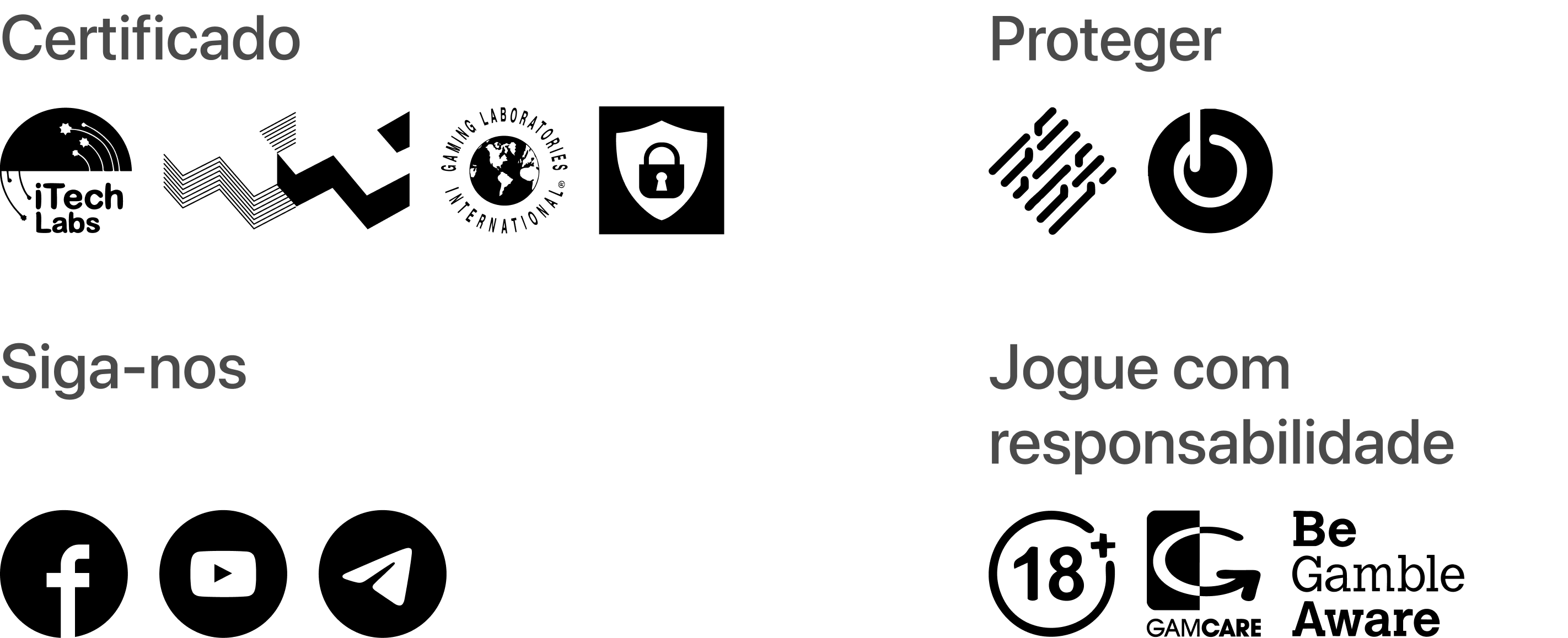 Certificado, Proteger, Siga-nos, Jogue com responsabilidade